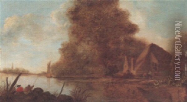 A Wooded River Landscape With Fishermen And Cottage Oil Painting - Nicolaes Molenaer