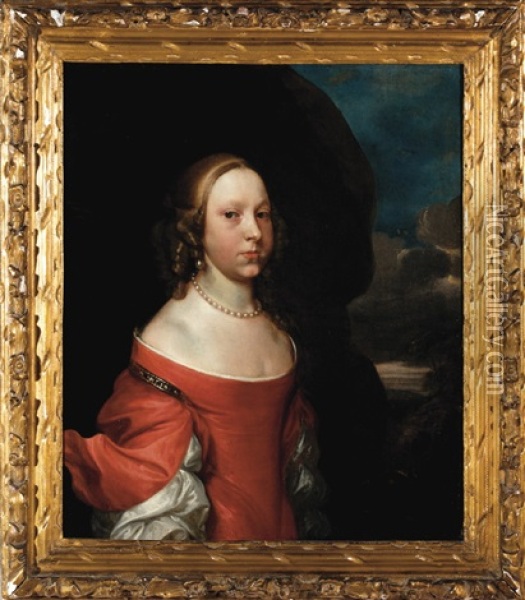 Portrait Of A Lady In Red, Wearing A Stand Of Pearls Oil Painting - Gerard van Soest