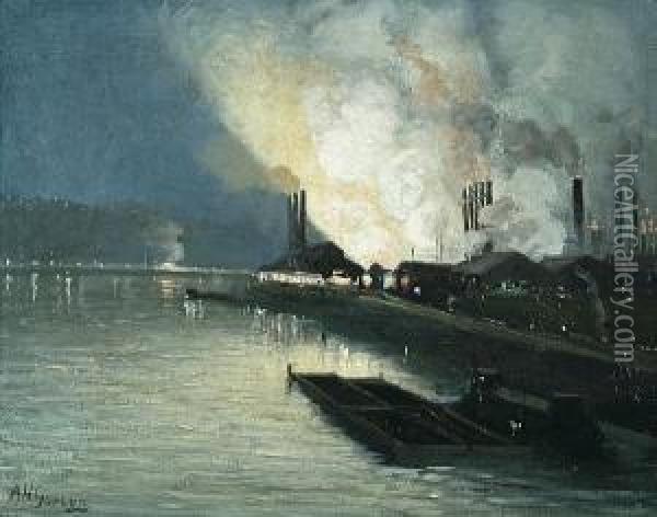 Pittsburgh Steel Mill At Night Oil Painting - Aaron Harry Gorson