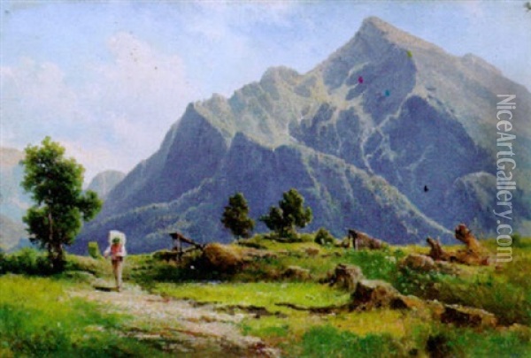 Blick Auf Den Untersberg, Salzburg Oil Painting - Karl Franz Emanuel Haunold