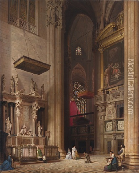 Interno Del Duomo Di Milano Con L'altare Di Santa Tecla Martire Oil Painting - Luigi Bisi