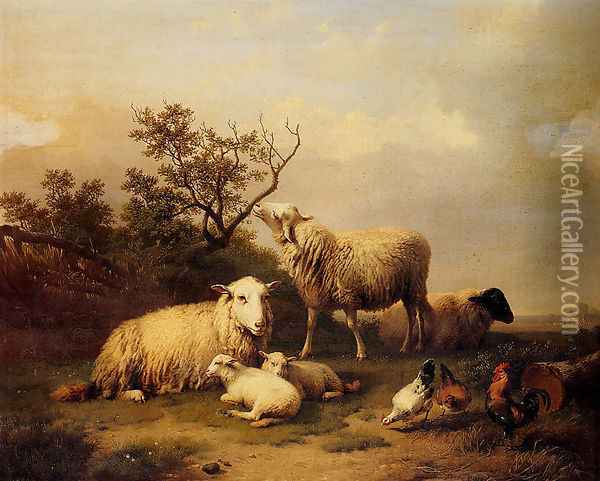 Sheep With Resting Lambs And Poultry In A Landscape Oil Painting - Eugene Verboeckhoven