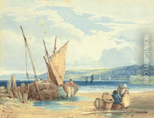 A Coastal Landscape At Low Tide With Fisherfolk And Beachedvessels Oil Painting - Richard Parkes Bonington