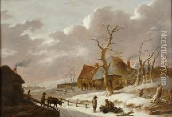 A Snow Covered Landscape With Villagers Gathering Firewood Oil Painting - Hendrick Wilhelm Schweikardt