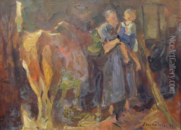 Bauerin Mit Kind Und Kuh Im Stall Oil Painting - Hans E. Oberlander