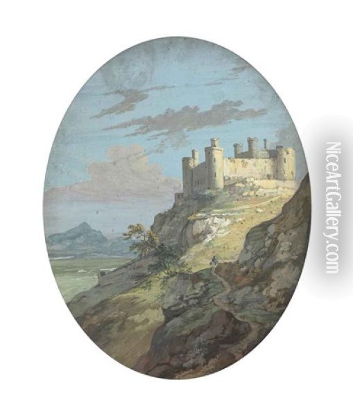 View Of Harlech Castle; View Of A Watermill (pair) Oil Painting - Paul Sandby