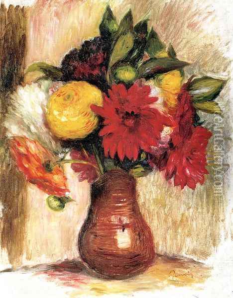 Bouquet Of Flowers In An Earthenware Pitcher Oil Painting - Pierre Auguste Renoir