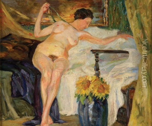 Reclining Nude With Sunflowers Oil Painting - Hugo von Habermann the Elder