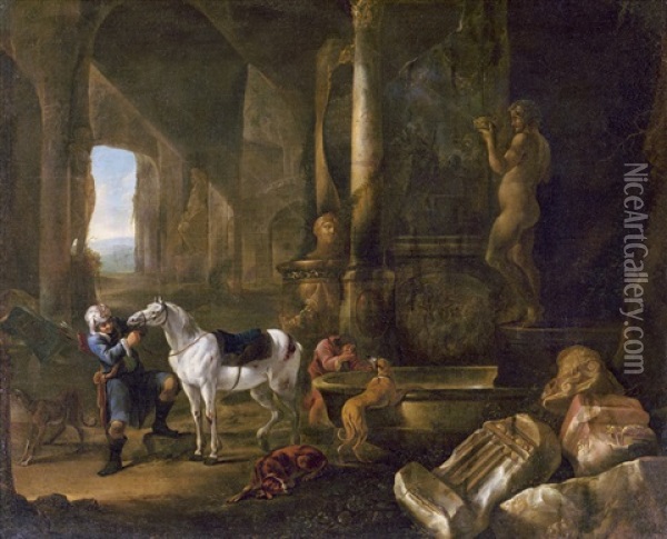 Reiter Mit Hunden Bei Der Rast In Einer Grotte Oil Painting - Abraham van Cuylenborch