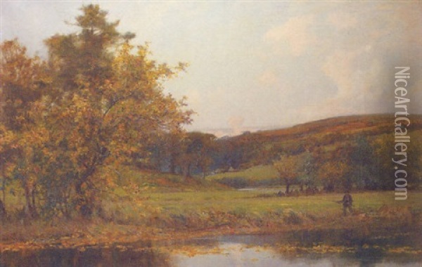 Fishing A Quiet Stretch Of River Oil Painting - Sir Alfred East