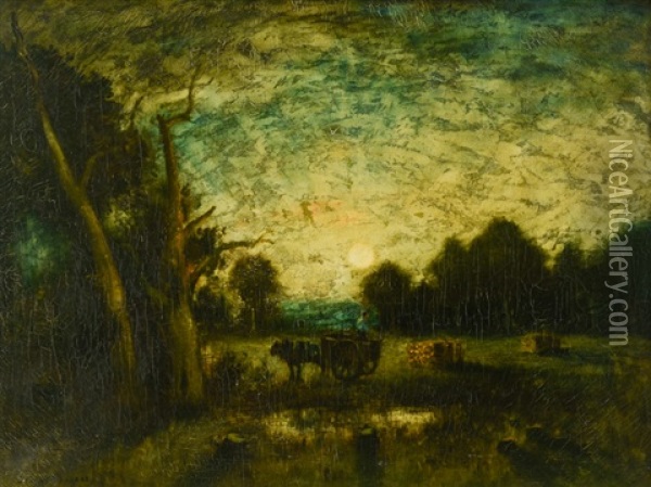 Tonalist Nocturnal Landscape, A Man Clearing Land And Loading Wood Onto A Cart Oil Painting - George Henry Bogert
