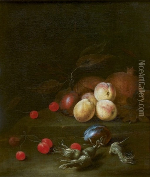 Nature Morte Aux Prunes, Grenades, Cerises Et Noisettes Oil Painting - Gregorius De Coninck
