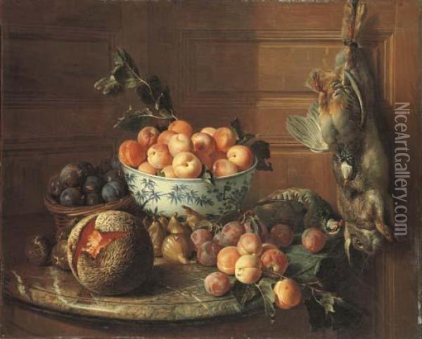 Plums In A Basket And Apricots 
In A Blue And White Bowl, With Figs, A Melon, Plums, Peaches And A 
Red-legged Partridge On A Marble Shelf, By A Rabbit And A Red-legged 
Partridge Hanging In An Oak-paneled Room Oil Painting - Alexandre-Francois Desportes