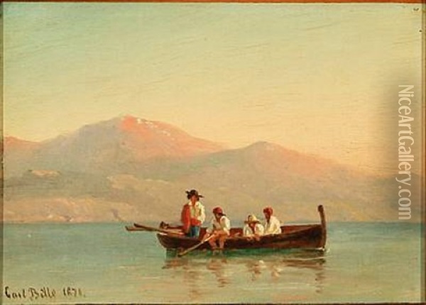 Quiet Afternoon With Fishermen On The Bay Of Naples, In The Background Vesuvius Oil Painting - Carl Ludwig Bille