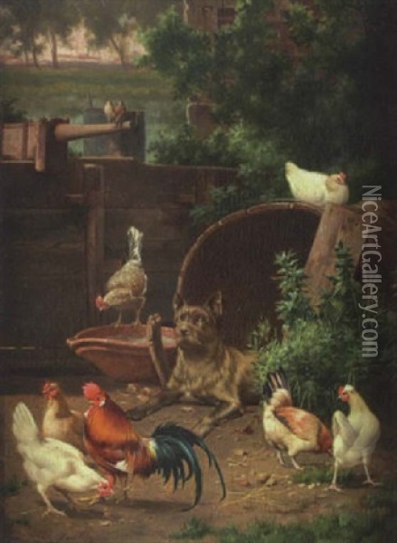 Barnyard Scene With Chicken And Dogs Oil Painting - Edouard Quitton