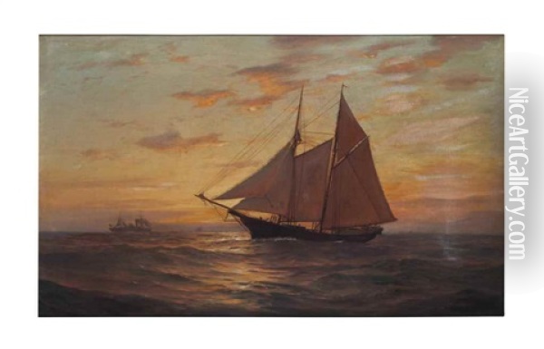 Seascape With Sailboat At Sunset Oil Painting - Warren W. Sheppard