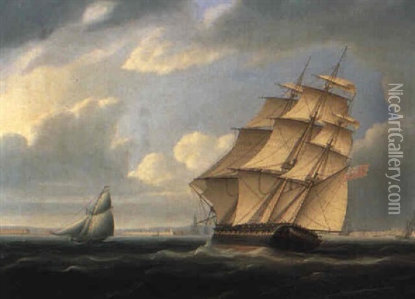 A Frigate Entering Portsmouth Harbour Oil Painting - Thomas Buttersworth