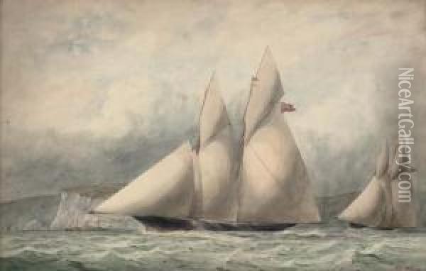 Cambria And Sappho In Close Quarters Off The Isle Of Wight Oil Painting - William Edward Atkins