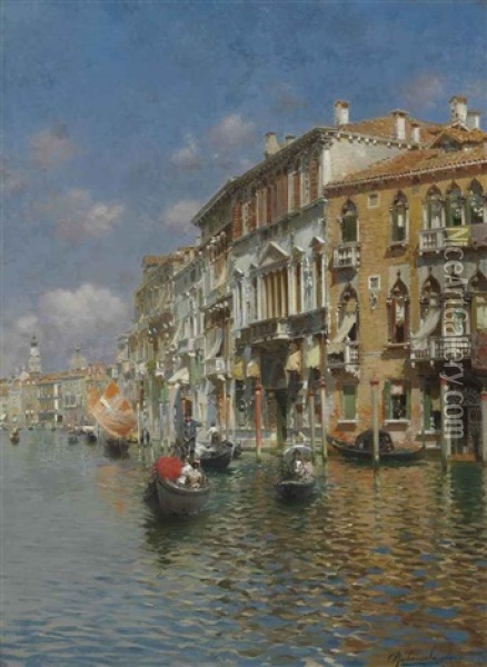 Gondolas On The Grand Canal, Venice Oil Painting - Rubens Santoro
