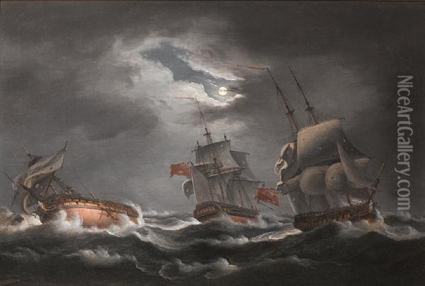 An Anglo-french Naval Engagement Oil Painting - Thomas Luny
