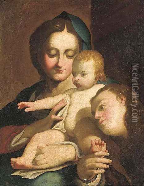 The Madonna and Child with the Infant Saint John the Baptist Oil Painting - Antonio Allegri, Called Correggio