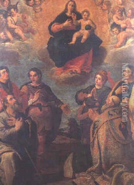 The Madonna And Child Seated In A Cloud Surrounded By Seraphims With St. Luke And Five Other Saints Below Oil Painting - Carlo Ceresa