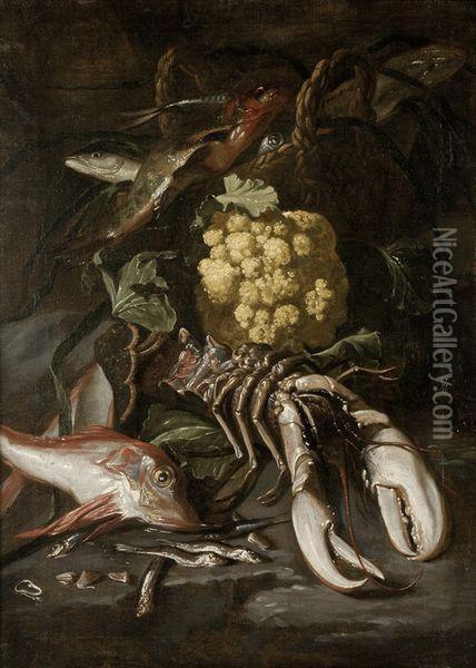 Nature Morte Aux Poissons, Choux-fleur Et Homard Oil Painting - Elena Recco