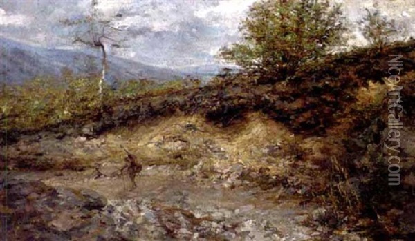 A Figure In A Mountain Landscape (+ Another Similar; Pair) Oil Painting - Stefano Bersani