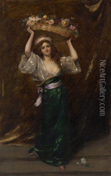Lady With Flower Basket Oil Painting -  Carolus-Duran