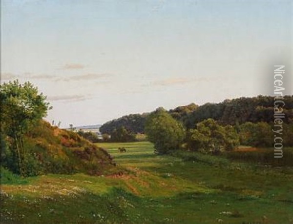 Summer Evening At Rye With A Meadow With Horses Oil Painting - Vilhelm Peter Karl Kyhn