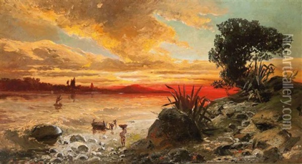 Fishermen Bringing In The Catch At Sunset On The Pozzuoli Coast Oil Painting - Ludwig Dittweiler