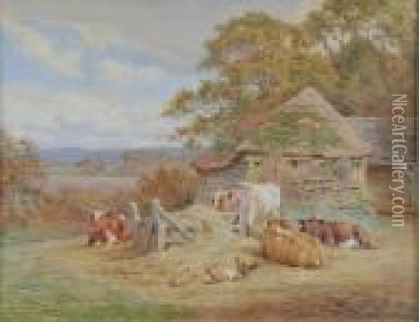 Cattle Resting Before A Barn, Signed, Watercolour Oil Painting - Charles James Adams
