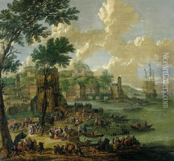Hafenszene Mit Zahlreichen Booten Und Reicher Staffage Oil Painting - Pieter Casteels the Younger
