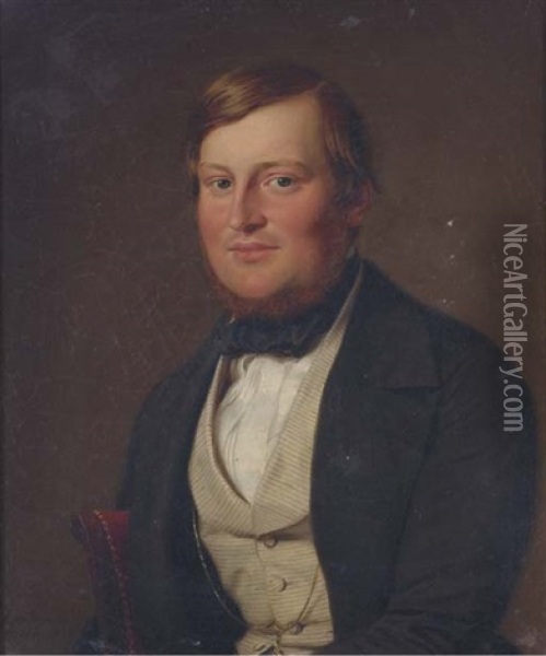 Portrait Of A Gentleman, Half-length, With A Striped Waist Coat And Black Neck-tie Oil Painting - Adolf Henning