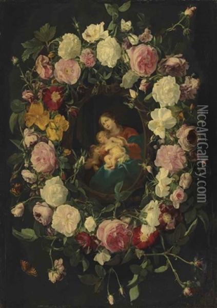 A Garland Of Roses, With Red Admirals, Wasps, Ladybirds And Other Insects, With The Virgin And Child With The Infant Saint John The Baptist In A Sculpted Cartouche Oil Painting - Cornelis Schut the Elder