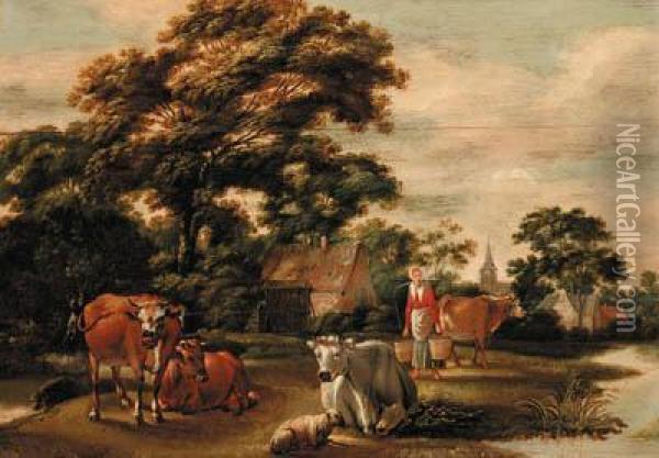 A Milkmaid With Cattle In A Landscape Oil Painting - Govert Dircksz. Camphuysen