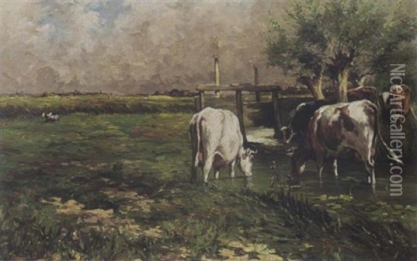 Cows In A Landscape Oil Painting - Johannes Hubertus Leonardus de Haas