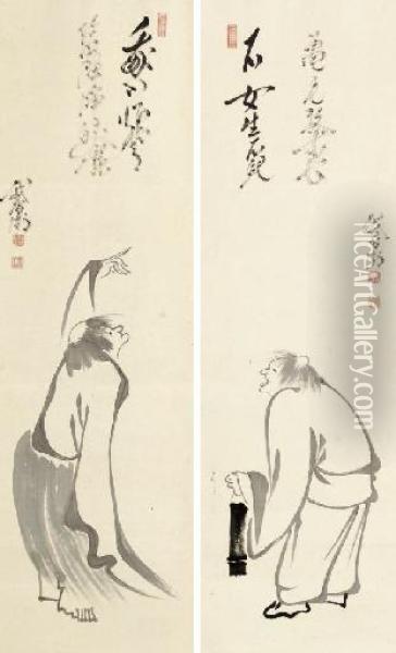 Kanzan And Jittoku Oil Painting - Zengen Chiben