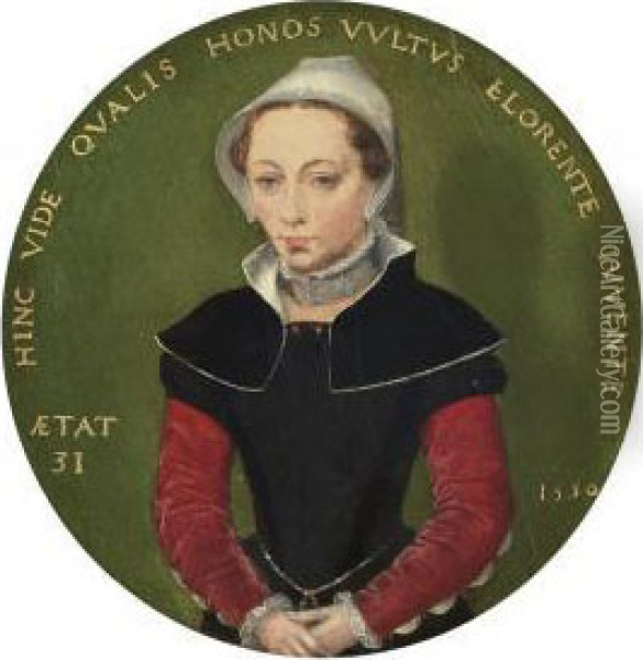 Portrait Of A Lady, Half-length, In A Black Dress With Red Sleeves, And A White Bonnet Oil Painting - Katherine Van Hemessen