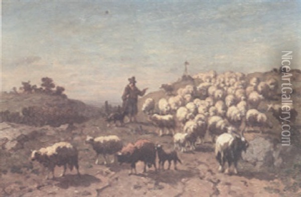 A Hilltop View With A Shepherd And His Flock And Goats And A Shrine In The Distance Oil Painting - Louis Robbe