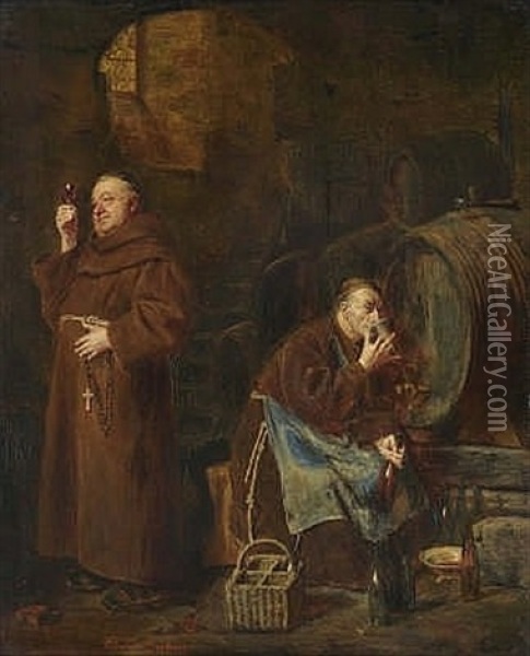 Wine Tasting Two Monks In The Wine Cellar Oil Painting - Eduard von Gruetzner
