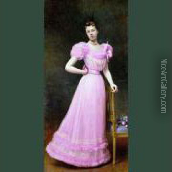 Femme En Robe Rose Du Couturier Worth Oil Painting - Alexandre Jacques Chantron