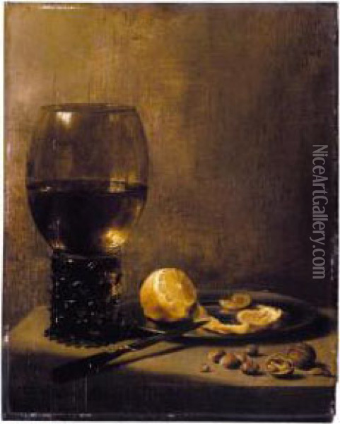 A Still Life With A Large 
Roemer, A Knife Resting On A Silver Plate Bearing A Partly-peeled Lemon,
 Walnuts And Hazelnuts, On A Marble Ledge Oil Painting - Pieter Claesz.