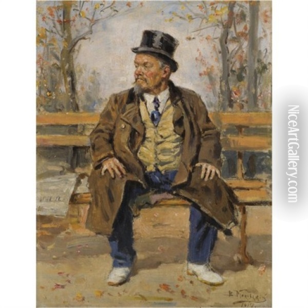 Portrait Of A Man Sitting On A Park Bench Oil Painting - Vladimir Egorovich Makovsky