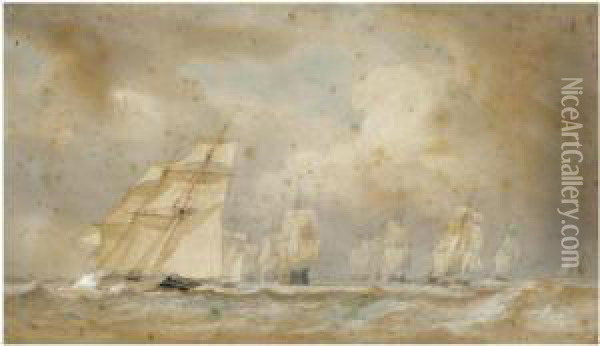 Brigs Racing Round The Fleet Oil Painting - Sir Oswald Walter Brierly
