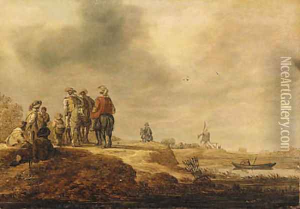 Cavalrymen halted on a riverbank, a windmill beyond Oil Painting - Jan van Goyen