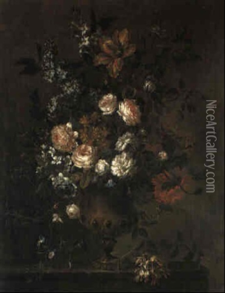 Roses, Hyacinth, Honeysuckle, Morning Glory And Others In An Urn On A Ledge Oil Painting - Jean-Baptiste Monnoyer