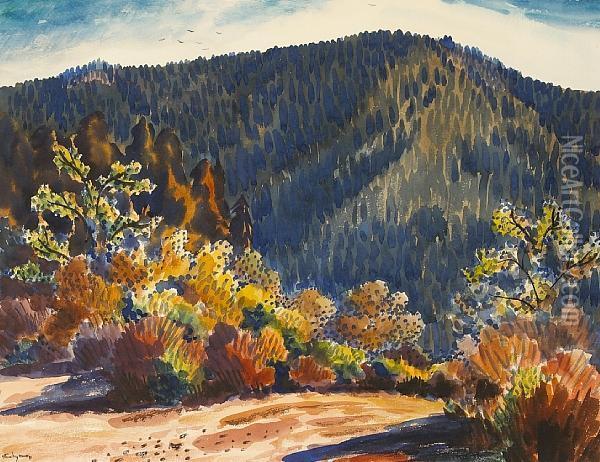Autumn Brush With Blue Hills, Thought To Becarmel Valley Oil Painting - Stanley Huber Wood