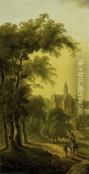 Reiter Am Waldrand Vor Einer Grosen Klosterkirche Oil Painting - Christian Georg Schuetz the Younger