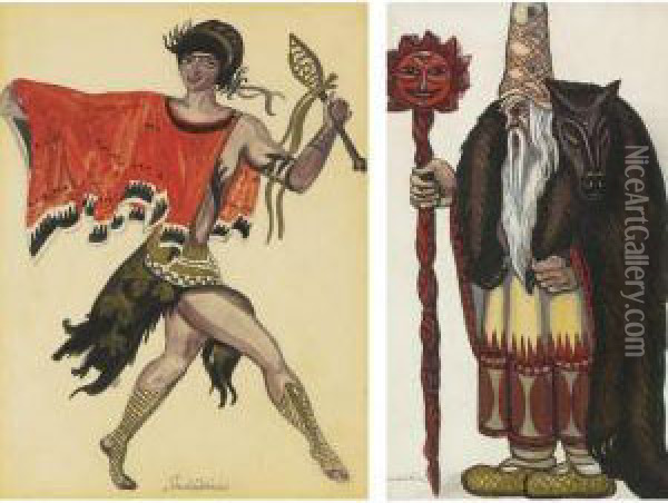 Pamina From The Magic Flute, A Man In A Red Robe, Man With Awolf's Cloak From Sadko And Dancing Woman Oil Painting - Sergei Yurievich Soudeikine